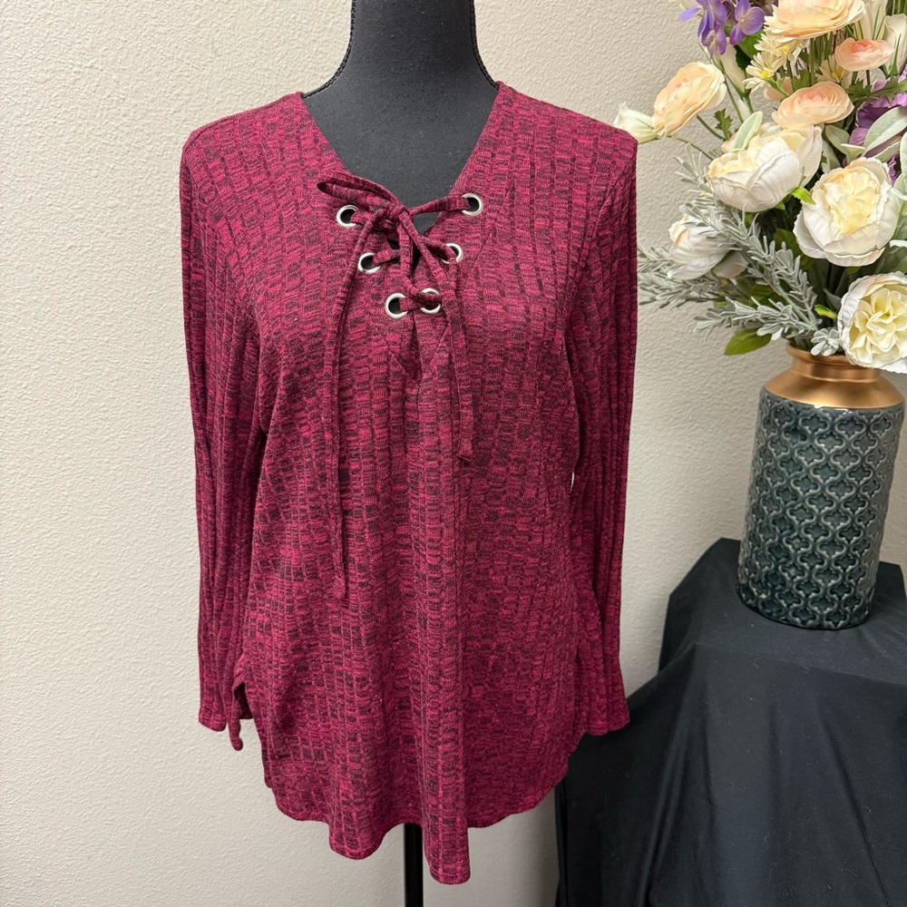Chenault Burgundy Lace-Up Long Sleeve Textured Knit Top L Fall Winter